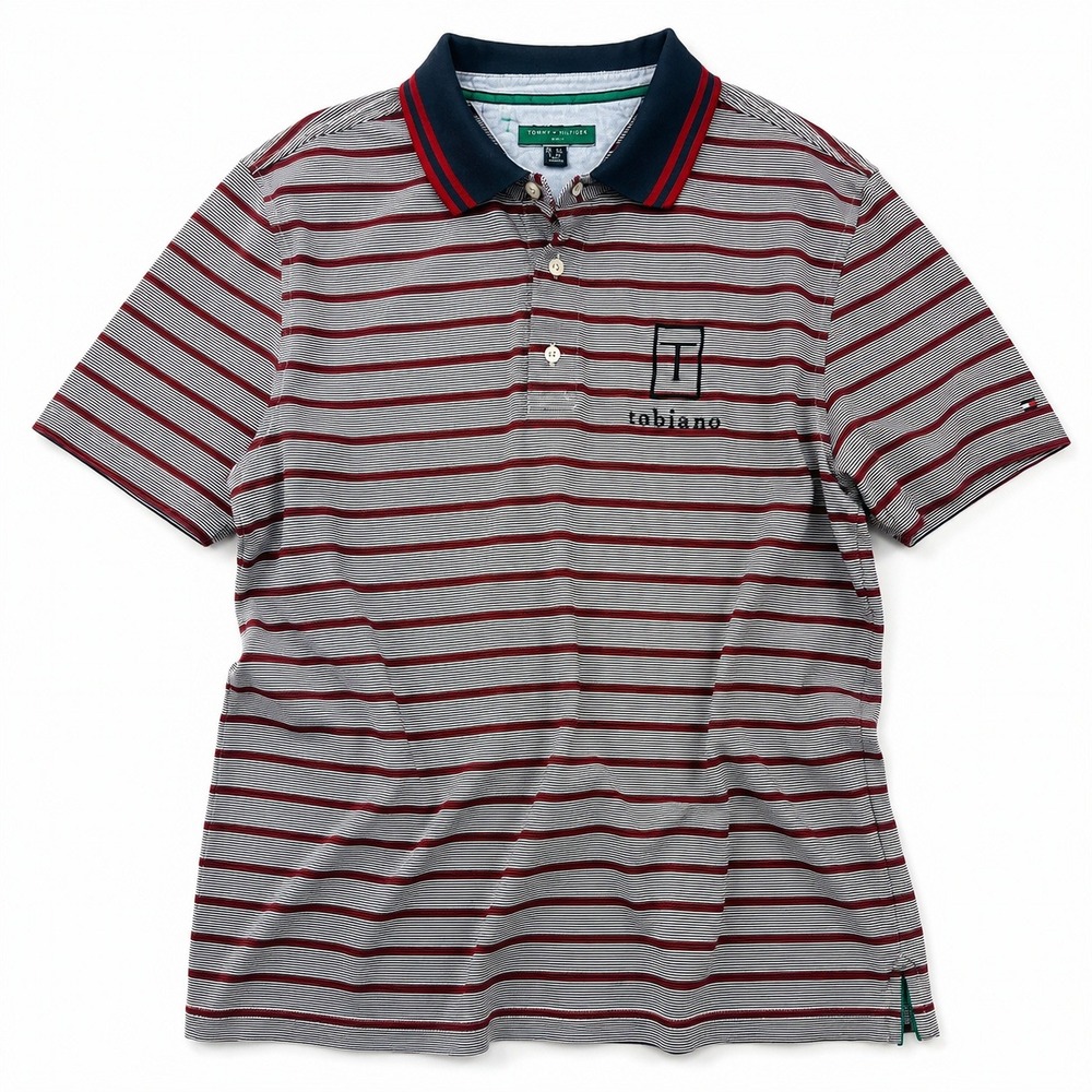 Tommy Hilfiger Golf Mens XL Polo Shirt Striped Tobiano Logo Navy Red
